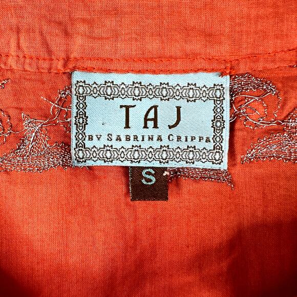Taj by Sabrina Crippa Popover Blouse Top Orange Metallic Silver Embroidery SMALL - Picture 3 of 8